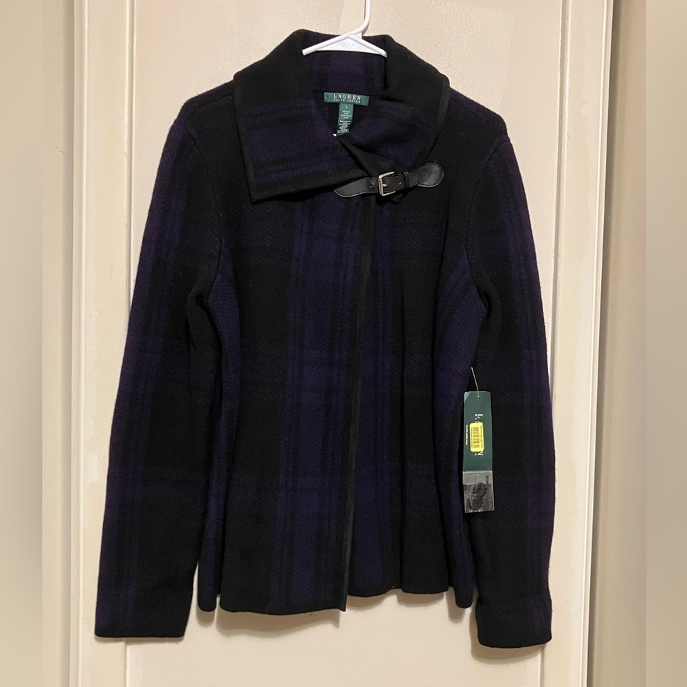 NEW Lauren Ralph Lauren Black Purple Plaid Buckle Latch Cardigan Lambswool L
